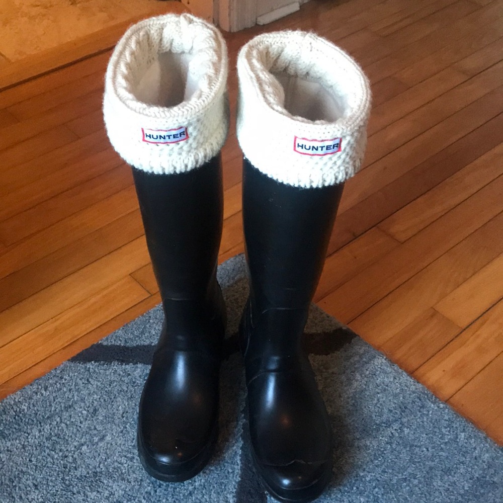Hunter tall black boots with Hunter knee socks.